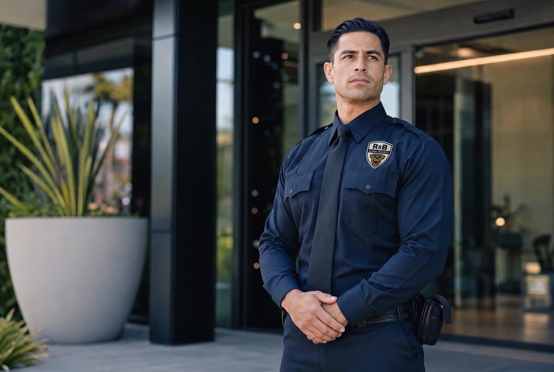 Uniformed R&B officer providing site security at a commercial building entrance.