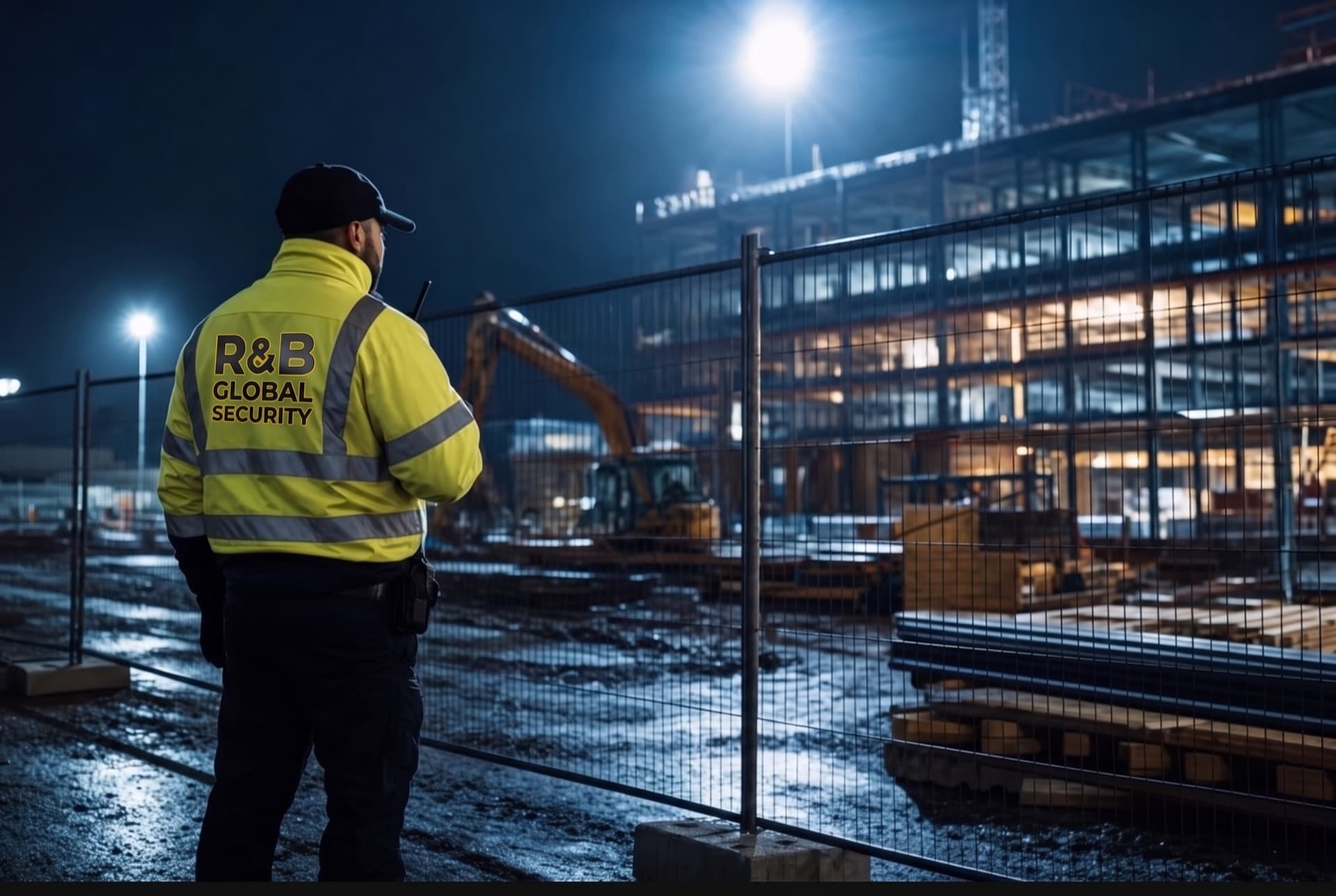 Security guard patrolling a fenced construction site at night.