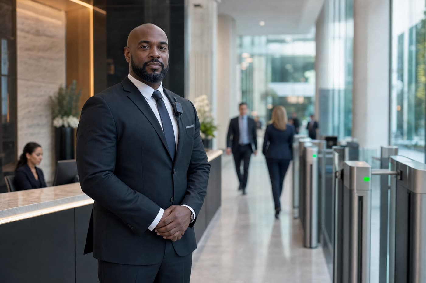 Front-desk security officer in a modern corporate office lobby.