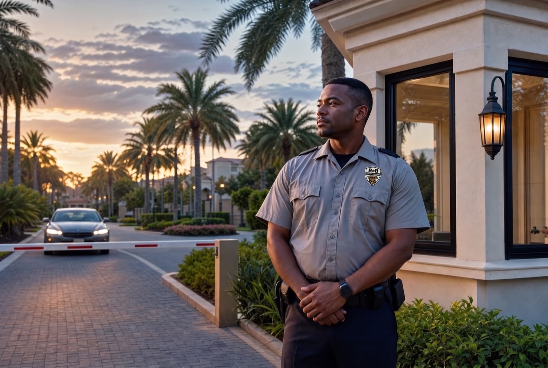 Security guard at the gatehouse of a gated residential community.