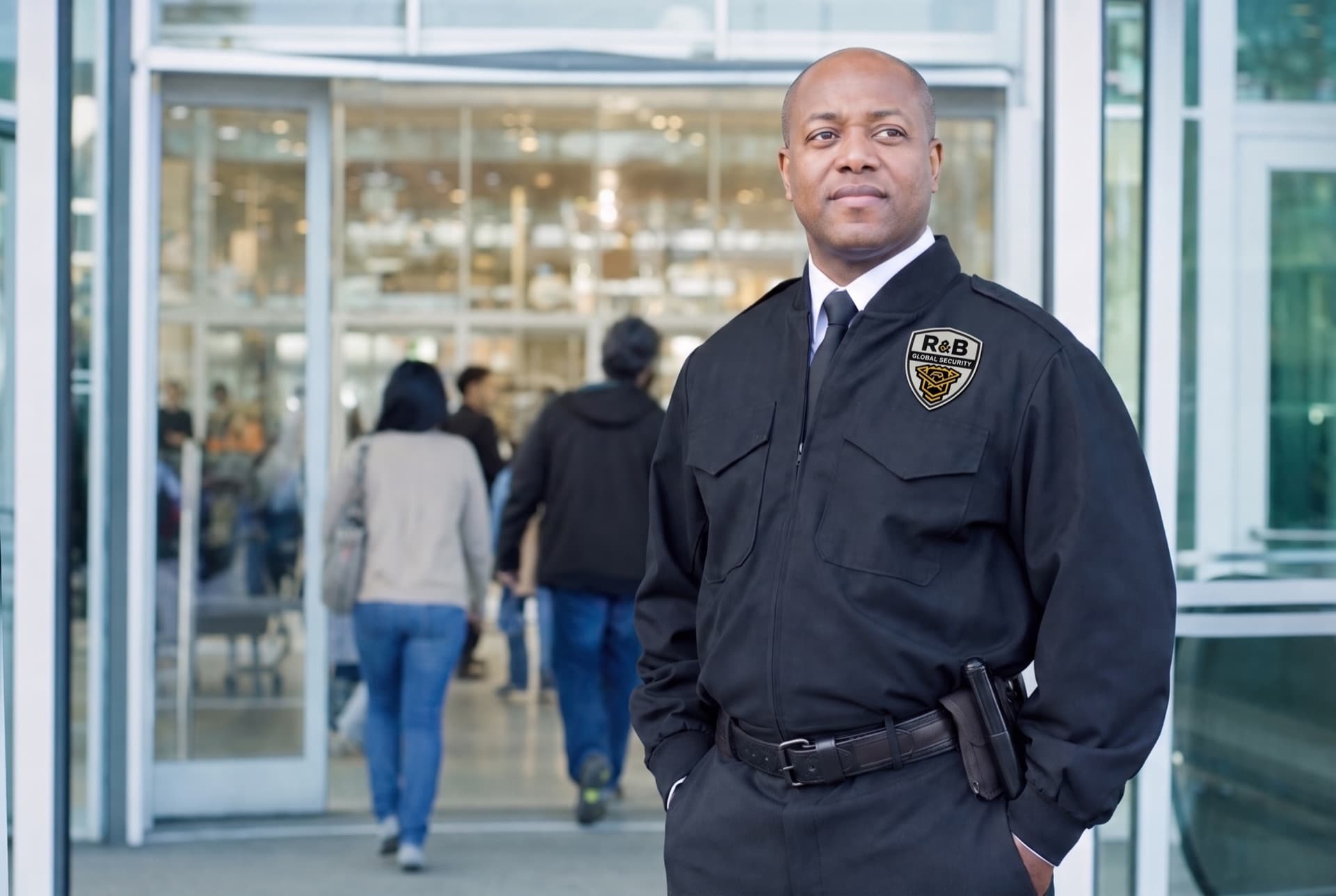 Uniformed officer providing a loss-prevention presence at a retail storefront.