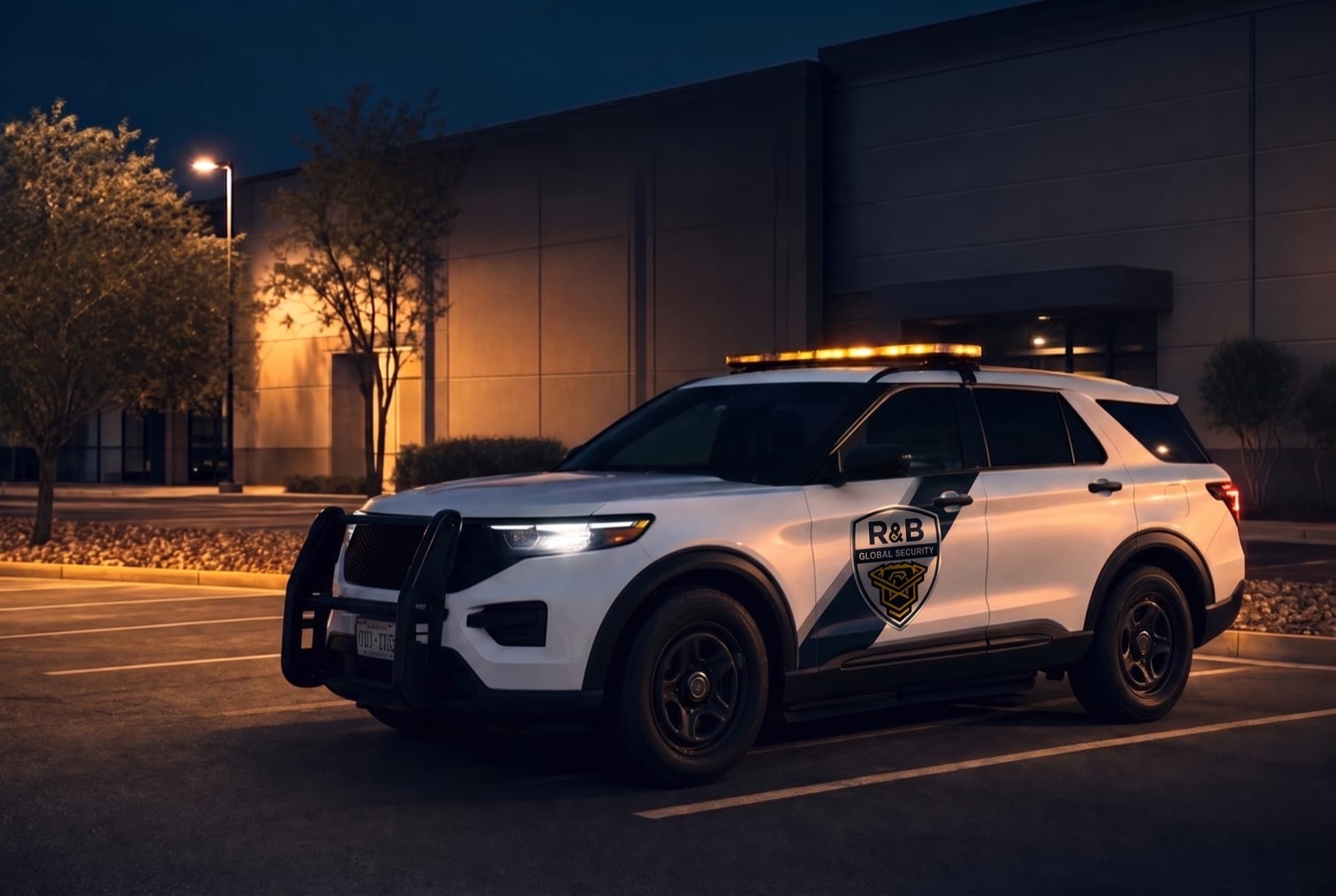 Marked R&B security patrol vehicle at a commercial property at night.