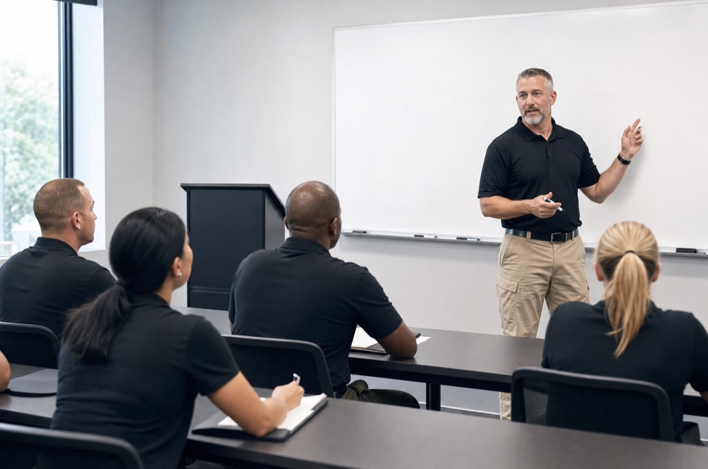 Guard card training class in session with an instructor and students.