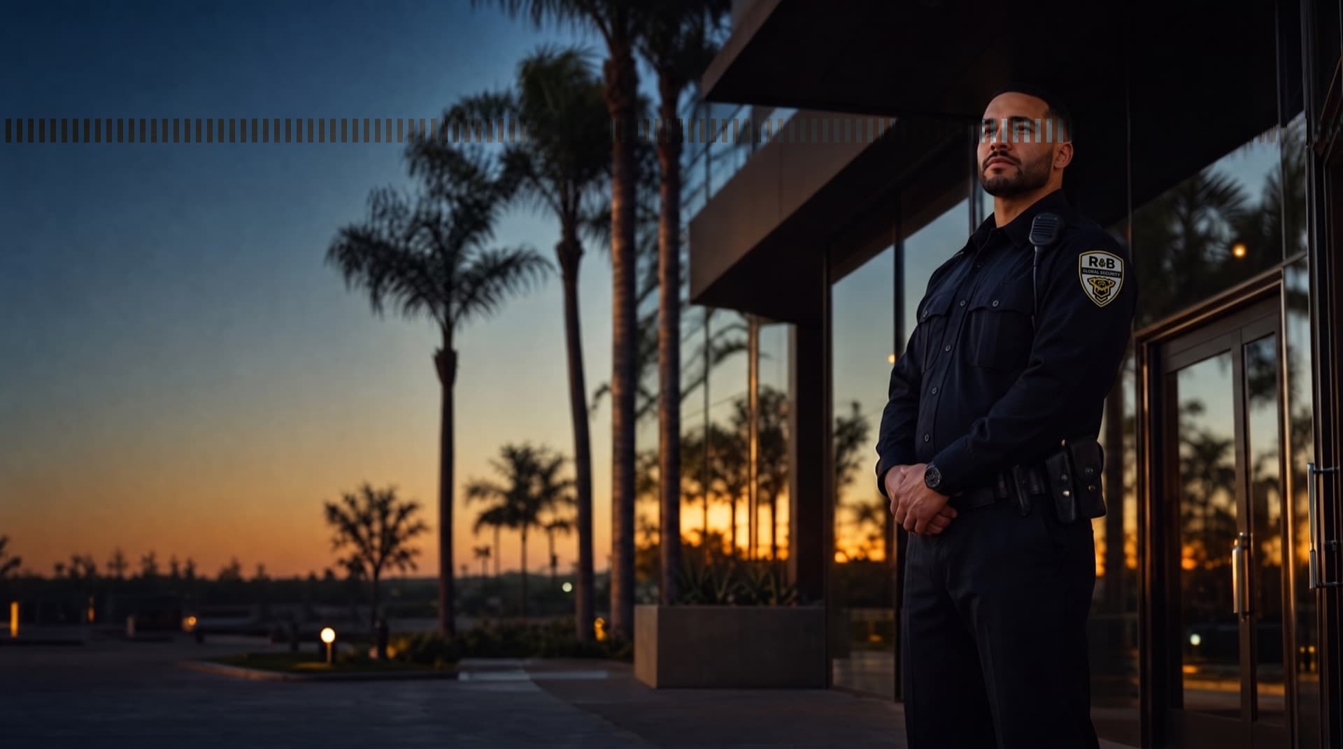 R&B Global Security officer on post at a Southern California property at dusk.